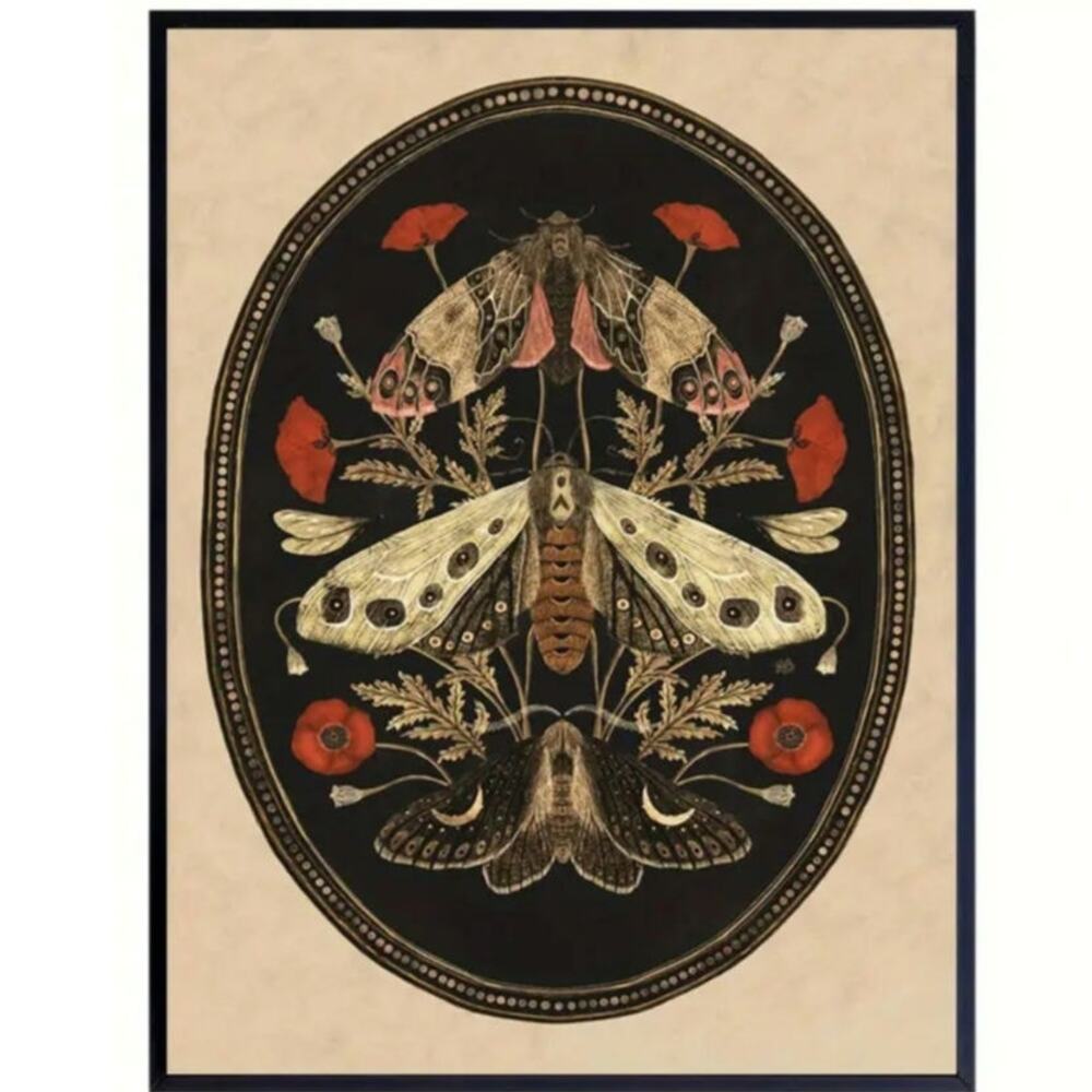 Moth Canvas Art Print 16×24"Dark Academia Oval Floral Victorian Frameless Nature